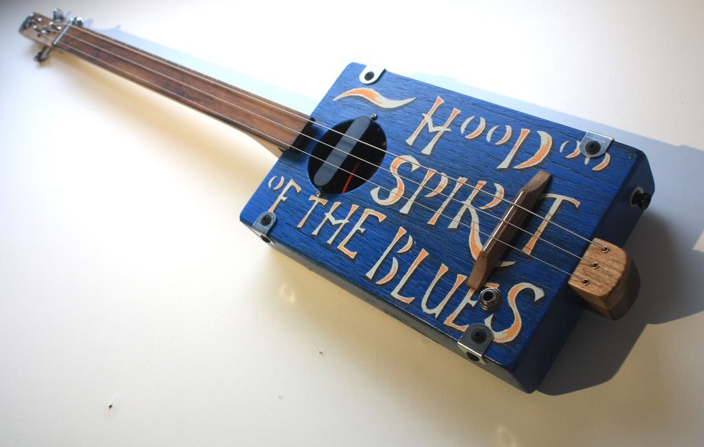 Workshop Series - Fretless - "Hoodoo Spirit of the Blues" Bright Blue, LEFTY - 3 String Cigar Box Guitar