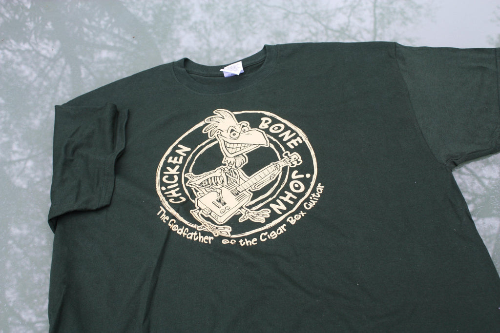 ChickenboneJohn T-Shirt with Original design. Cream on green, 100% cotton.