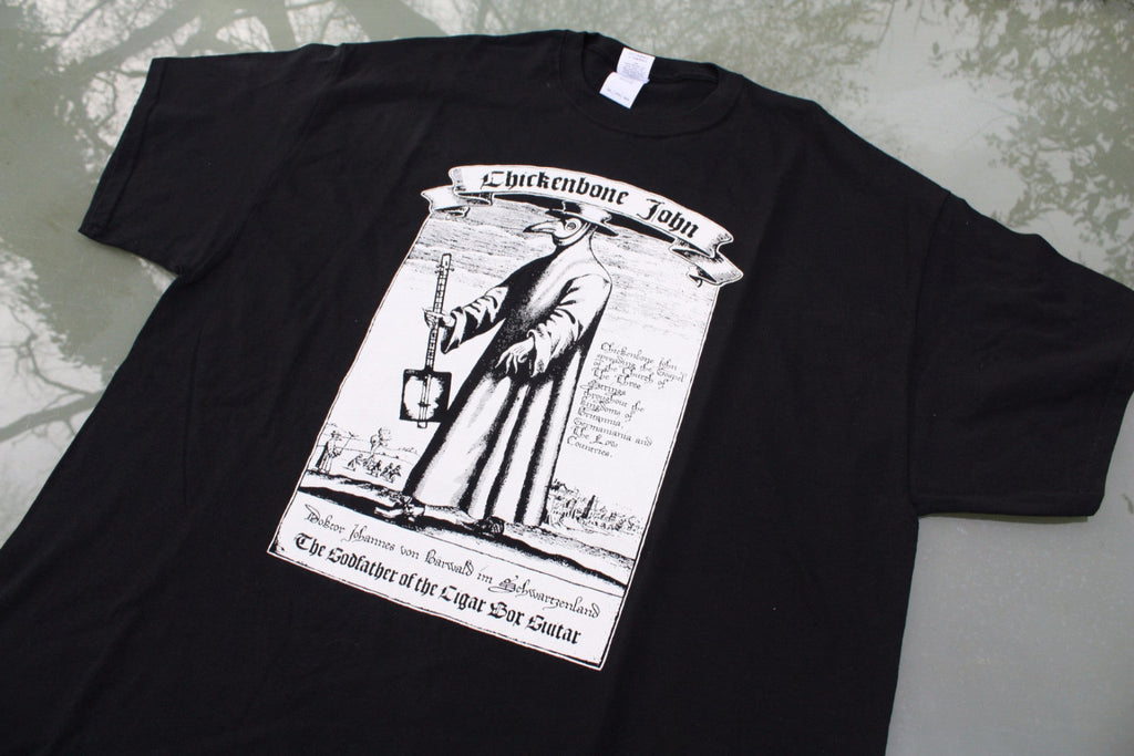 ChickenboneJohn T-Shirt with Plague Doctor design. White on black, with small logo on the back. 100% cotton.