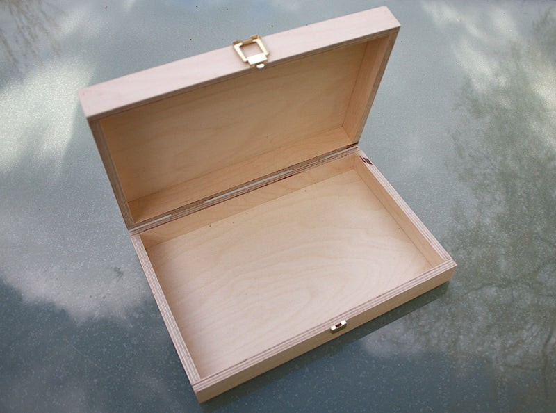 Plain plywood box (open) for making your cigar box guitar