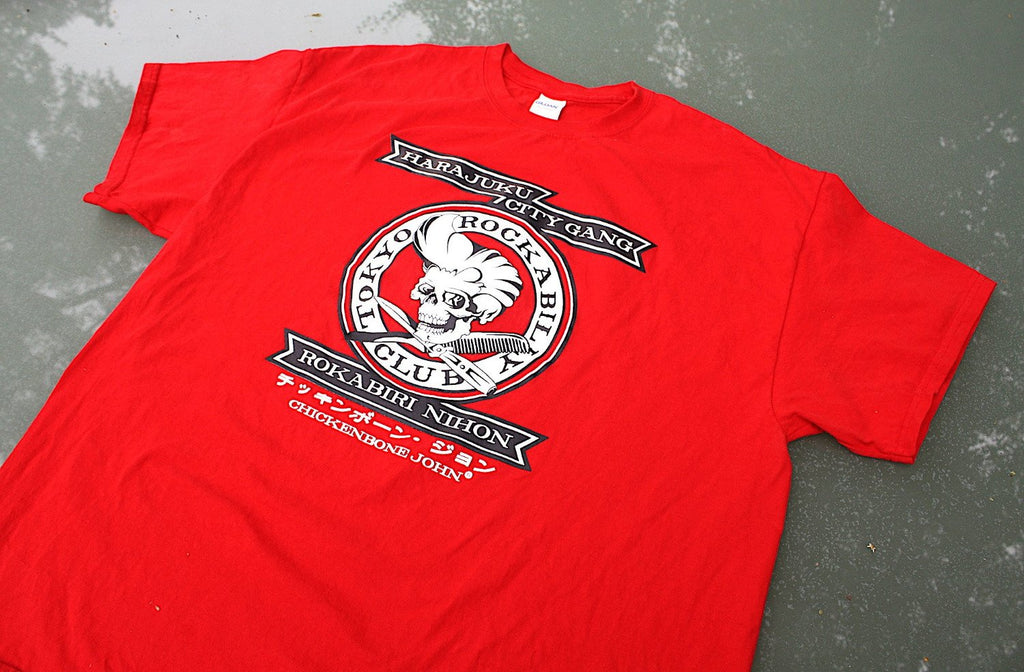 ChickenboneJohn T-Shirt with Tokyo Rockabilly Club design. White and black design on red, 100% cotton.