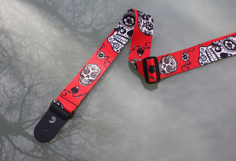 Sugar Skull Red guitar straps made from polyester by d'Addario, Planet Waves. 