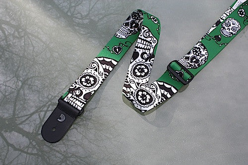 Sugar Skull Green guitar straps made from polyester by d'Addario, Planet Waves. 
