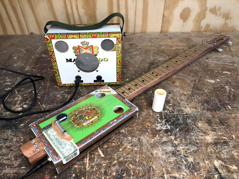 Ramon Allones fretless & Mini AMP - 3 string cigar box guitar bundle