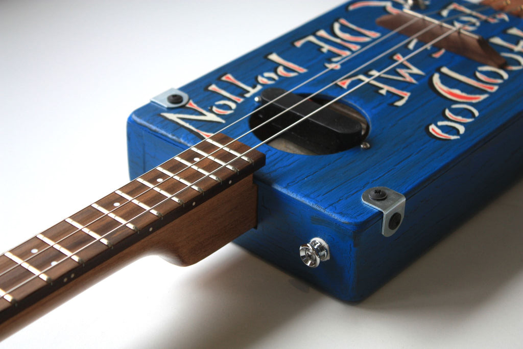 Workshop Series - "Hoodoo Love me or Die" Blue crackle  - 3 String Cigar Box Guitar