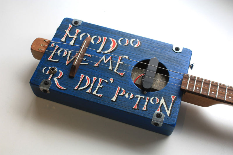 Workshop Series - "Hoodoo Love me or Die" Blue crackle  - 3 String Cigar Box Guitar
