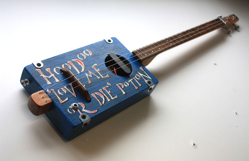 Workshop Series - "Hoodoo Love me or Die" Blue crackle  - 3 String Cigar Box Guitar
