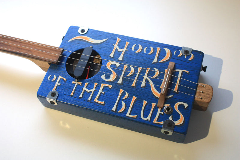 Workshop Series - Fretless - "Hoodoo Spirit of the Blues" Bright Blue, LEFTY - 3 String Cigar Box Guitar