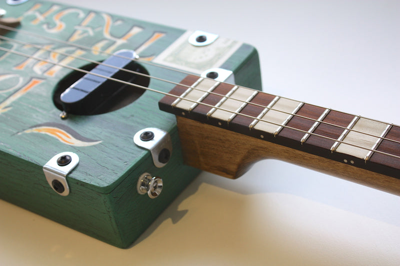 Workshop Series, green crackle "Blues Trash" LEFTY 3 string cigar box guitar