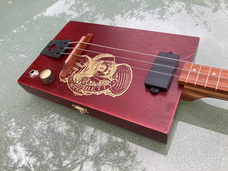 Fat Bottom Betty fretless 3 String Cigar Box Guitar,  compact pickup, short scale