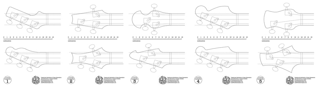 Headstock template drawings for 3 string (5 sheets)  - PDF digital download