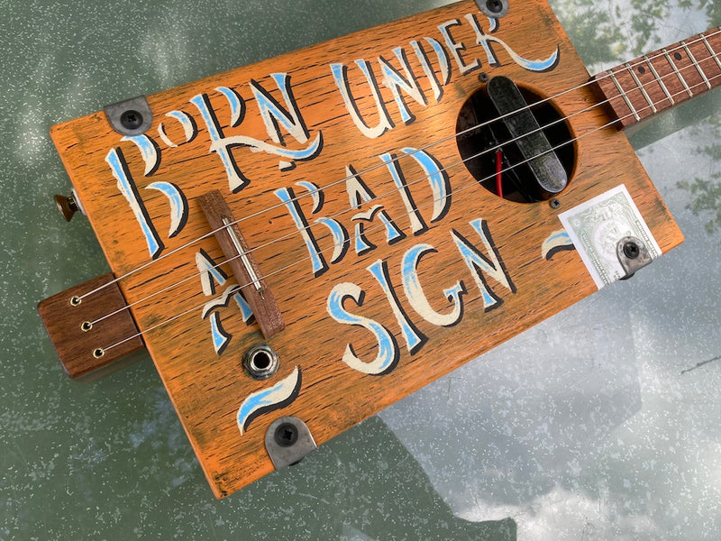Workshop Series, blue crackle  "Born Under A Bad Sign"- 3 String Cigar Box Guitar