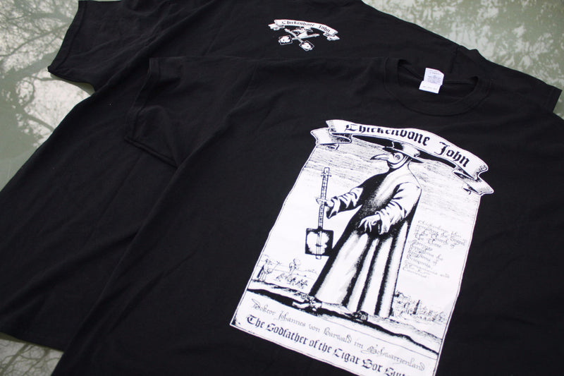 ChickenboneJohn T-Shirt with Plague Doctor design. White on black, with small logo on the back. 100% cotton.