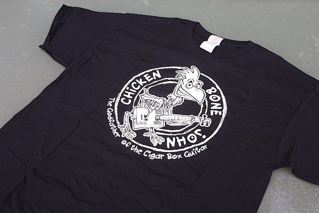 ChickenboneJohn T-Shirt with Original design. White on black, 100% cotton.