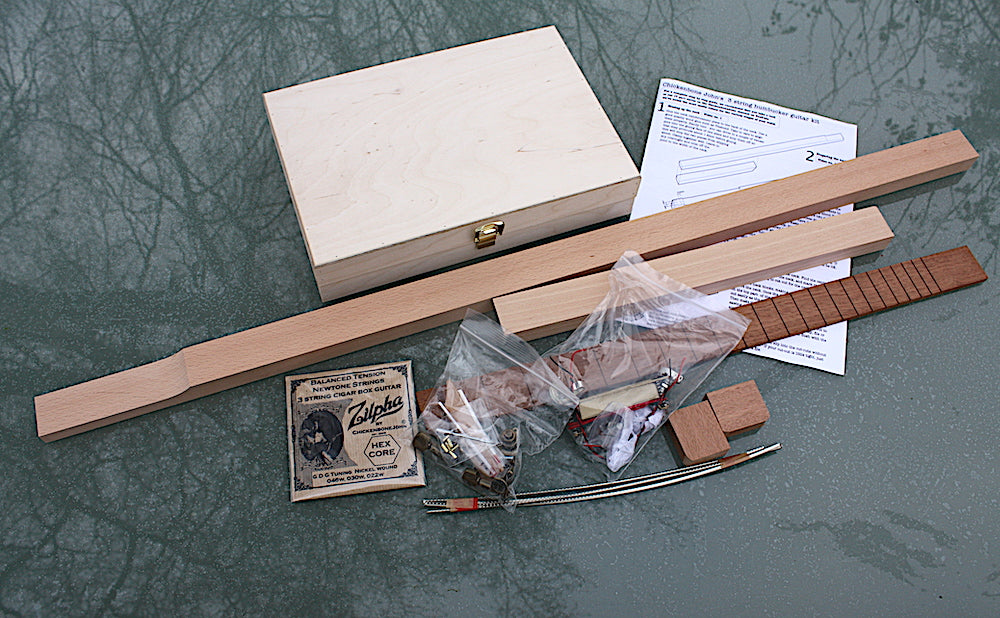 Humbucker 3 String Guitar Kit - Bronze hardware. Plain Box and repro cigar box.