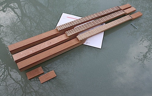 3 string cigar box guitar neck collection, fretted and profiled in sapele, cherrywood with blackwoodTek fretboard and Van Gent fretwire.