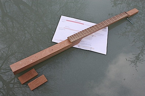 3 string cigar box guitar neck, fretted and profiled in sapele, cherrywood with blackwoodTek fretboard and Van Gent fretwire.