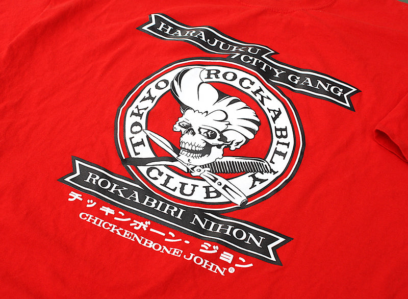 ChickenboneJohn T-Shirt with Tokyo Rockabilly Club design. White and black design on red, 100% cotton.