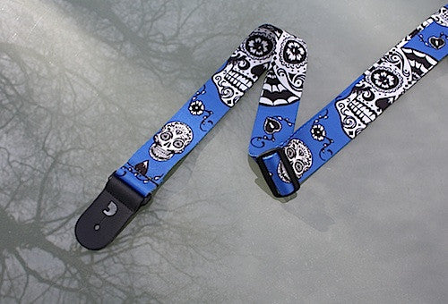 Sugar Skull Blue guitar straps made from polyester by d'Addario, Planet Waves. 