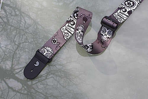 Sugar Skull Grey guitar straps made from polyester by d'Addario, Planet Waves.