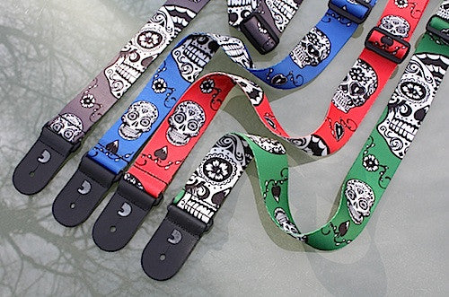 Sugar Skull guitar straps made from polyester by d'Addario, Planet Waves. Available in multiple colours.