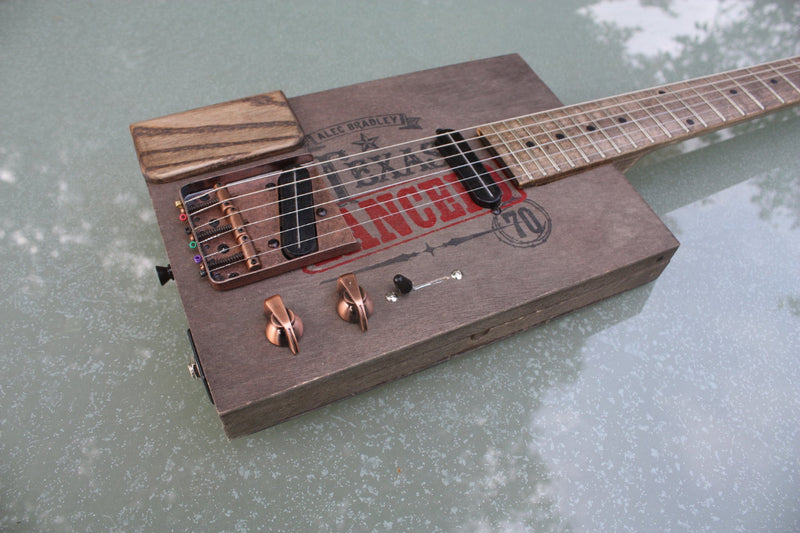 Texas Lancero 6 string tele-style cigar box guitar,  Bill Lawrence USA pickups, aged hardware
